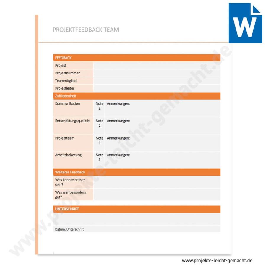 Word-Vorlage Feedback Projektteam
