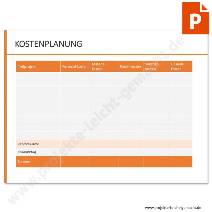 PowerPoint-Vorlage Kostenplanung nach Teilprojekten